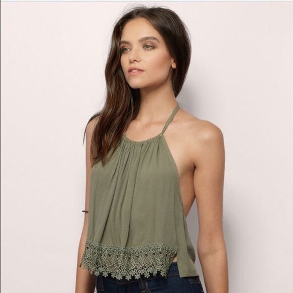 TOBI Lace Trim Halter Tank Top Olive Green - Picture 3 of 10
